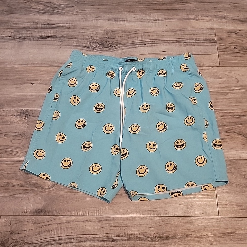 Hollister Stretch Swim Trunks Board Shorts Mens Large Blue Smiley Face